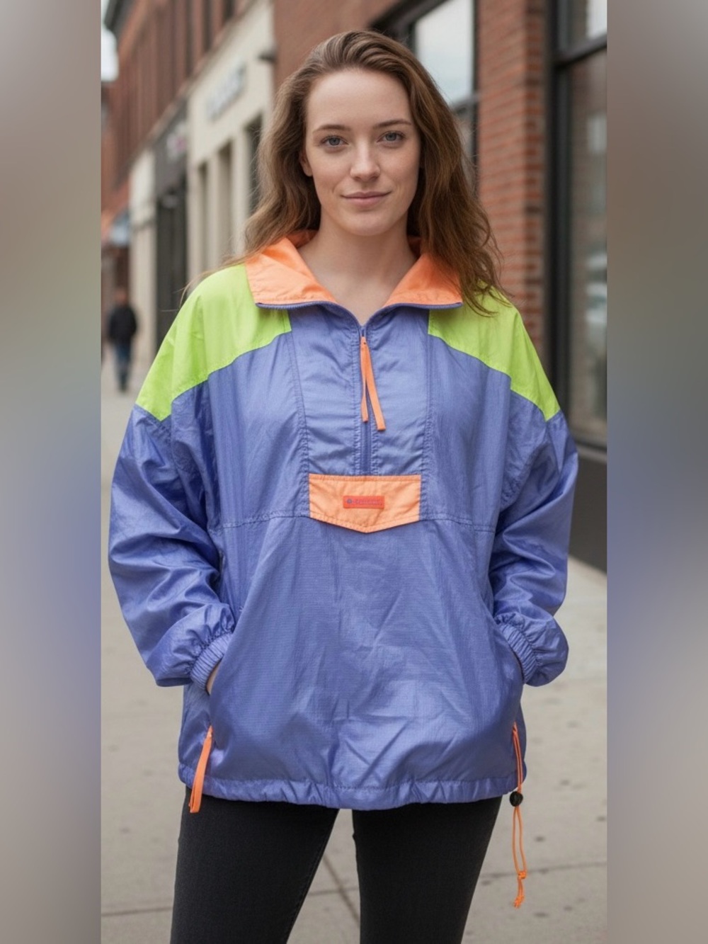 Columbia women’s 90’s vintage Windbreaker Jacket in Purple, Neon Green & Coral
